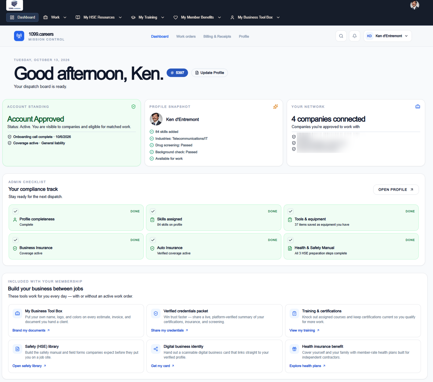 An approved technician's dashboard showing their profile snapshot, company connections, completed compliance track, and membership tools for business documents, credentials, training, safety, digital identity, and health insurance.