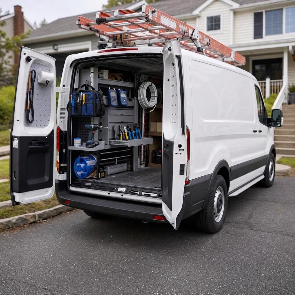 AI-generated illustration of a service van with a roof ladder and organized meters, drill, and installation tools.