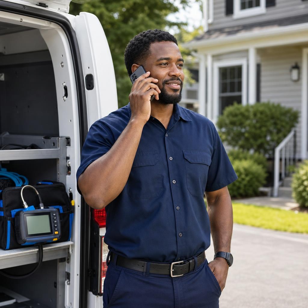 AI-generated illustration of a technician calling for support beside a service van.