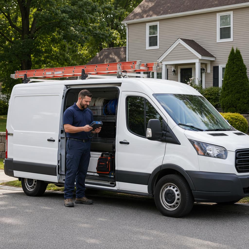 AI-generated illustration of a residential installer beside a white service van.