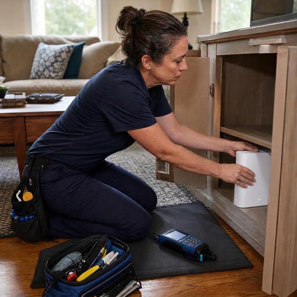 AI-generated illustration of a technician installing a home router with concealed cabling.