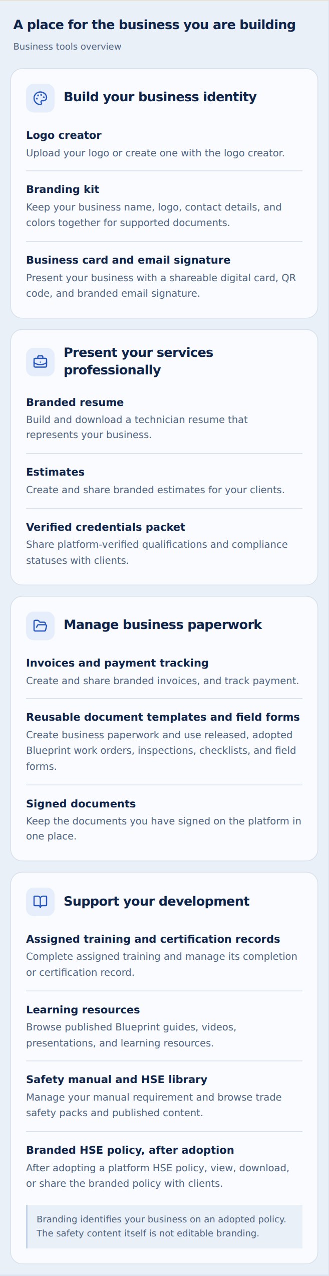 Fictional business toolkit from the technician tour.